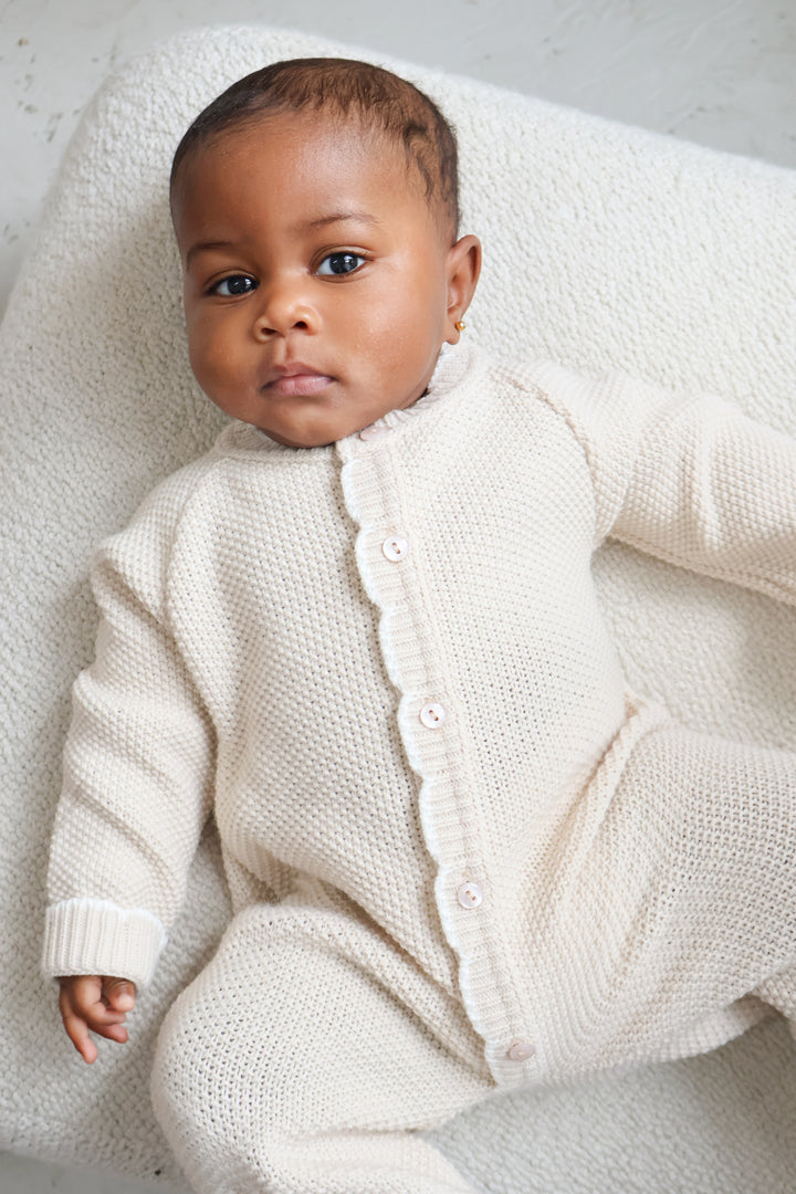 Scallop Edge Knitted Onesie Beige