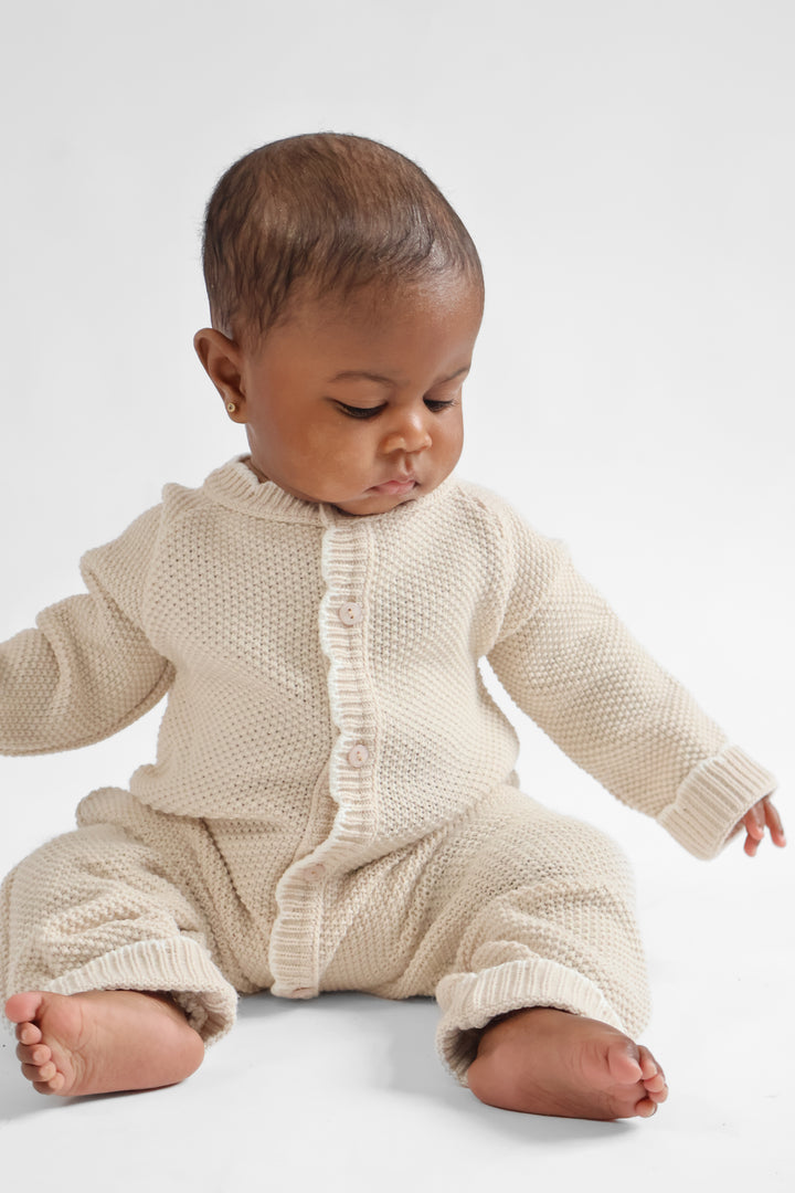 Scallop Edge Knitted Onesie Beige