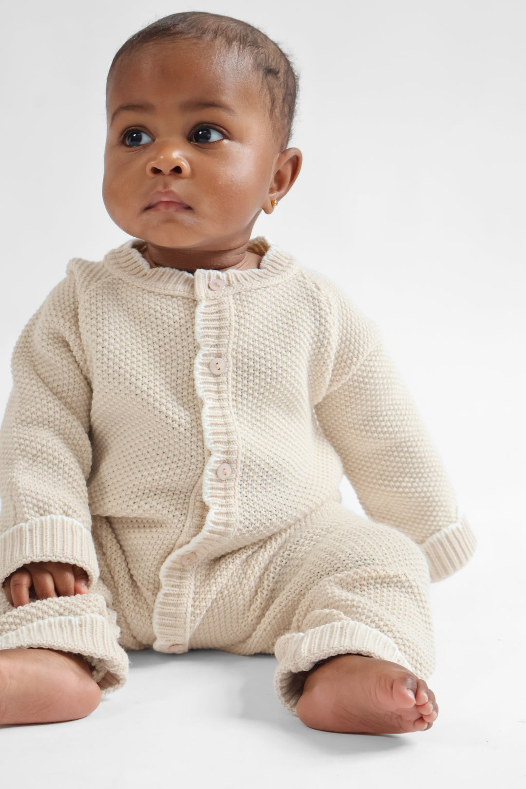 Scallop Edge Knitted Onesie Beige