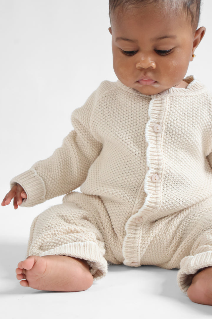 Scallop Edge Knitted Onesie Beige