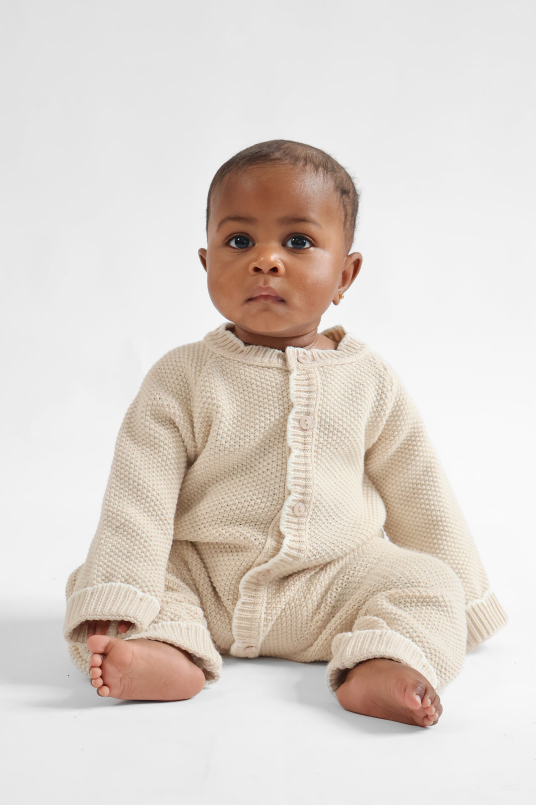 Scallop Edge Knitted Onesie Beige